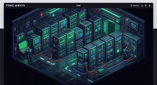 An isometric illustration of a green-lit server room