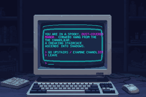 A retro terminal running a text adventure on a CRT monitor