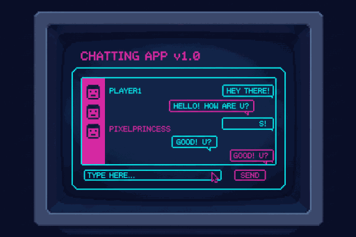A pixel-art chat application interface labelled Chatting App v1.0